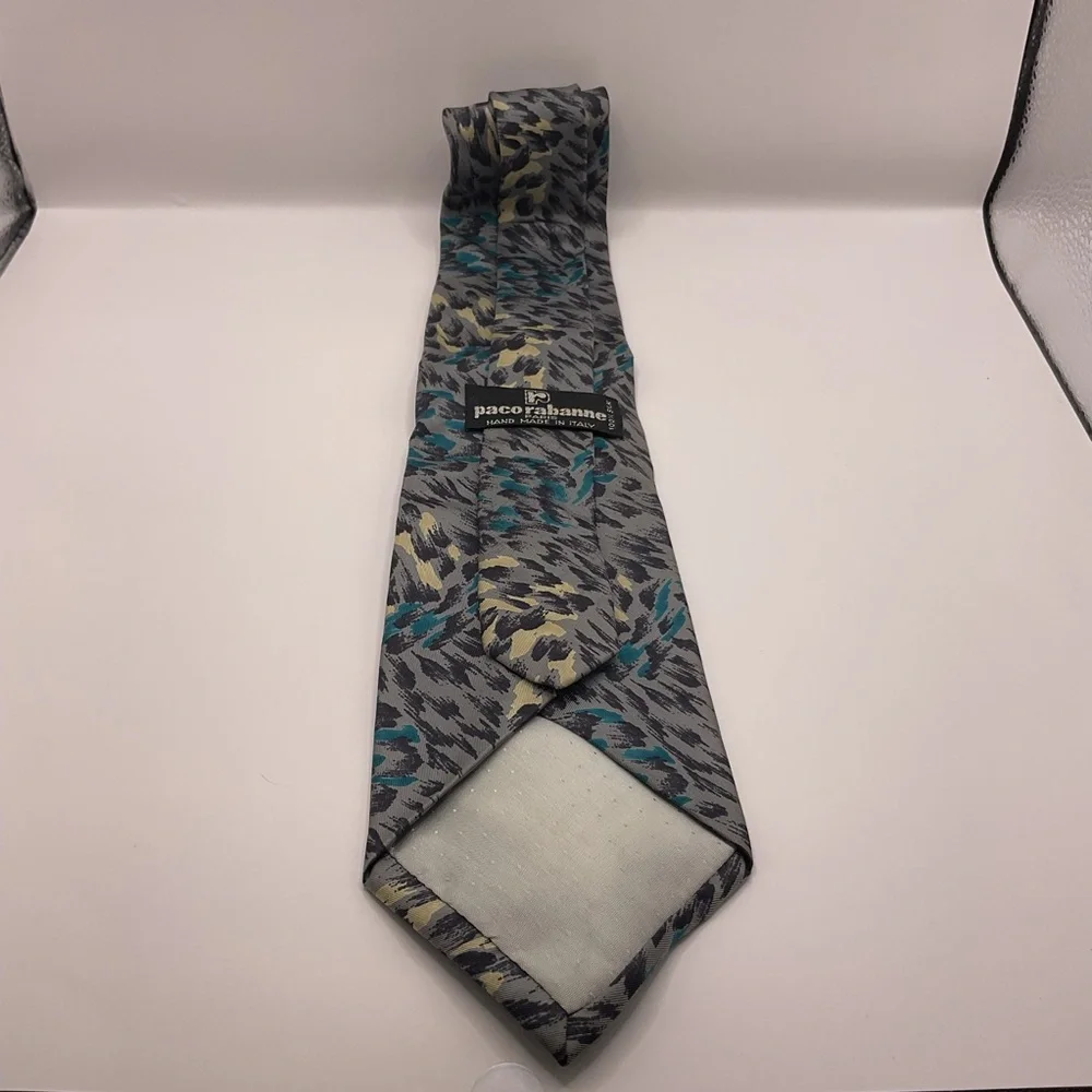Paco Rabanne Hand Made in Italy 100% Silk Retro Vintage Gray/Black/Teal 3.5 Wide